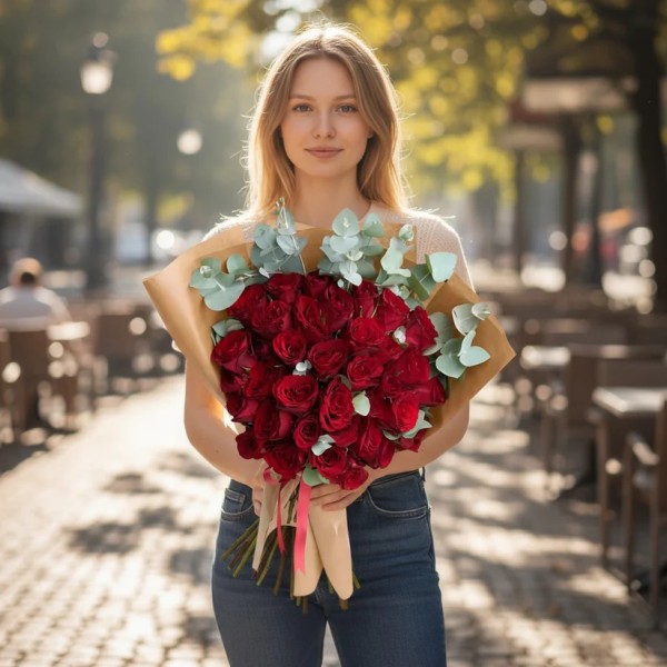 Kraft Kağıtta 35'li Kırmızı Gül Buketi