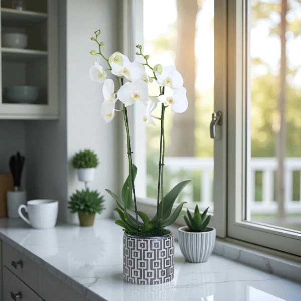 Kareli Saksıda Çiftli Beyaz Orkide