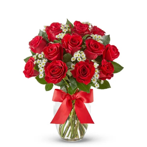 Vazoda 11 Kırmızı Gül ve Mini Papatyalar